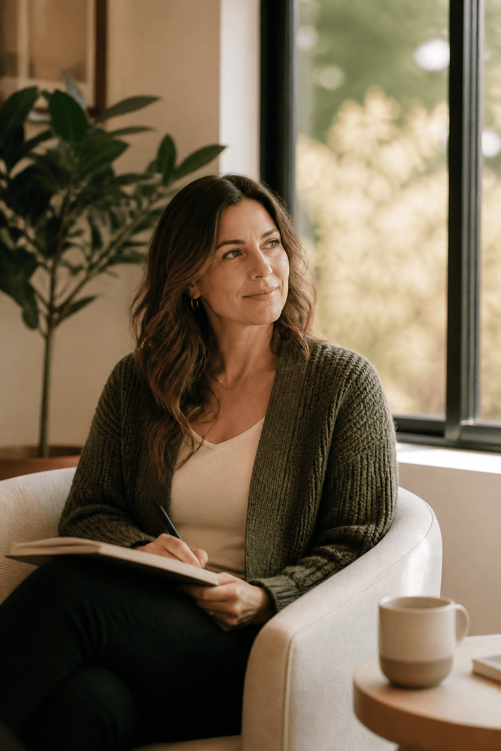 A therapist sitting by a window in a modern office